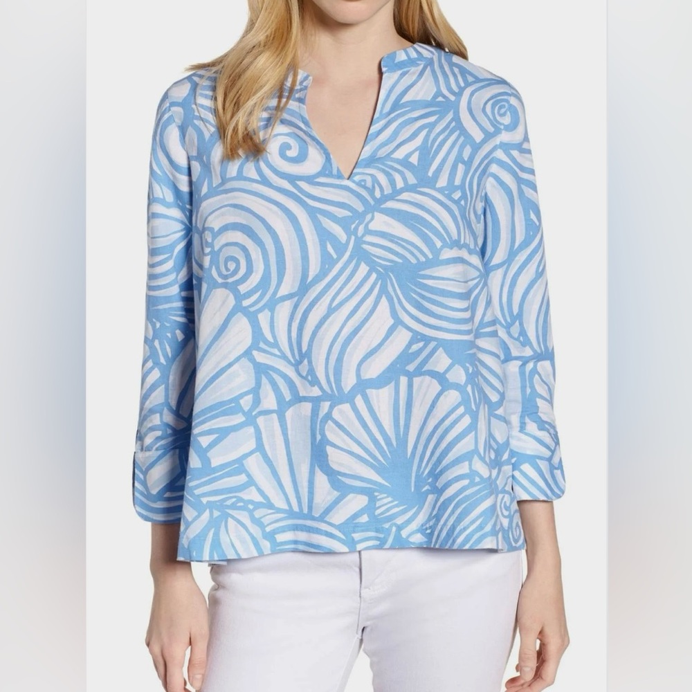 Vineyard Vines Linen Blend Blue White Nautilus Shell Print Womens XS Tunic Top